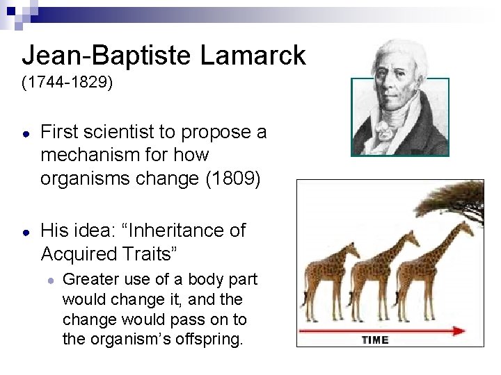 Jean-Baptiste Lamarck (1744 -1829) ● First scientist to propose a mechanism for how organisms