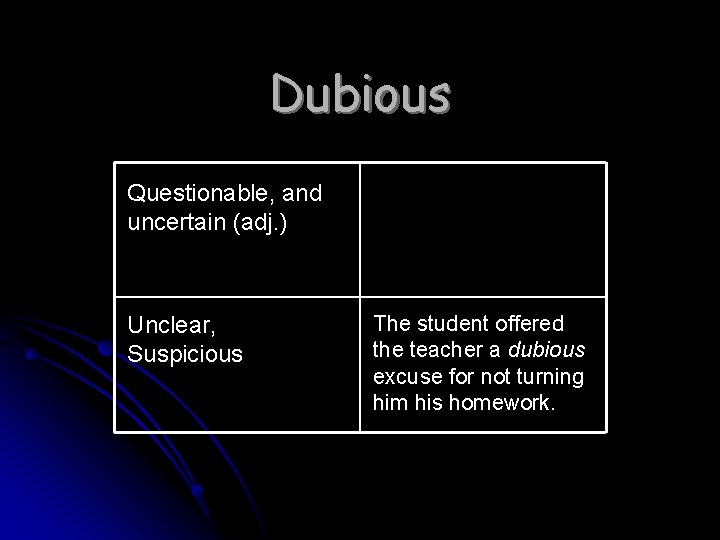 Dubious Questionable, and uncertain (adj. ) Unclear, Suspicious The student offered the teacher a