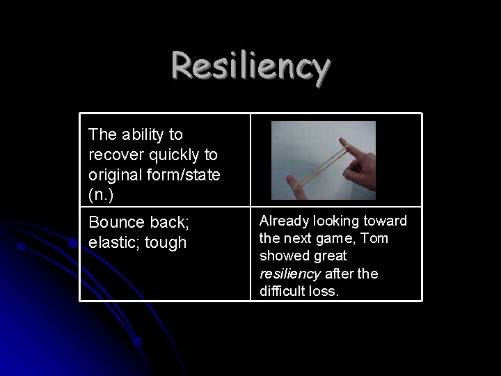 Resiliency The ability to recover quickly to original form/state (n. ) Bounce back; elastic;