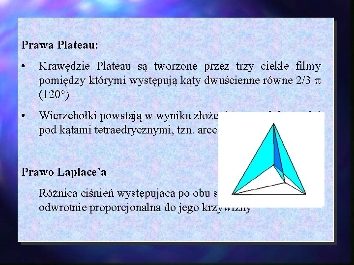 Prawa Plateau: • Krawędzie Plateau są tworzone przez trzy ciekłe filmy pomiędzy którymi występują Prawa Plateau: • Krawędzie Plateau są tworzone przez trzy ciekłe filmy pomiędzy którymi występują
