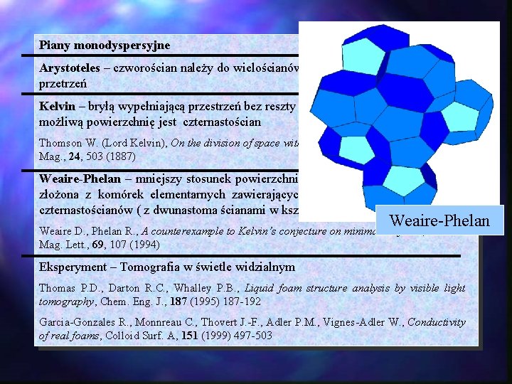 Piany monodyspersyjne Arystoteles – czworościan należy do wielościanów foremnych wypełniających przetrzeń Kelvin – bryłą Piany monodyspersyjne Arystoteles – czworościan należy do wielościanów foremnych wypełniających przetrzeń Kelvin – bryłą