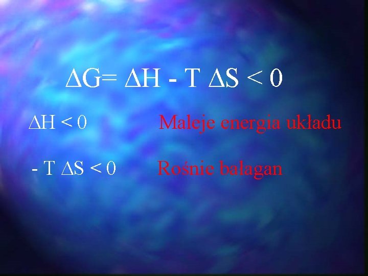 G= H - T S < 0 H < 0 Maleje energia układu G= H - T S < 0 H < 0 Maleje energia układu