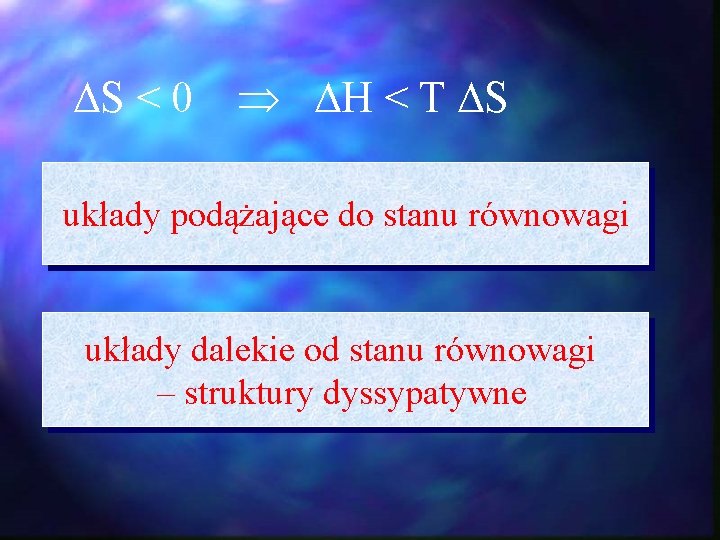 S < 0 H < T S układy podążające do stanu równowagi układy S < 0 H < T S układy podążające do stanu równowagi układy