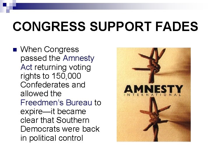 CONGRESS SUPPORT FADES n When Congress passed the Amnesty Act returning voting rights to
