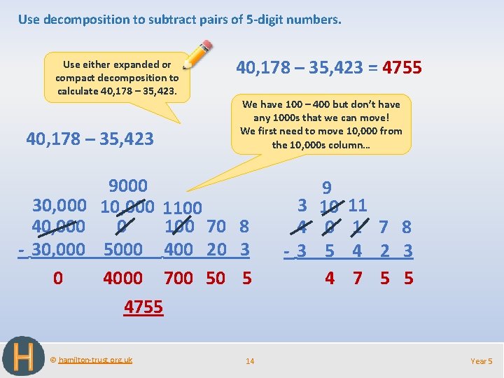 Use decomposition to subtract pairs of 5 -digit numbers. Use either expanded or compact