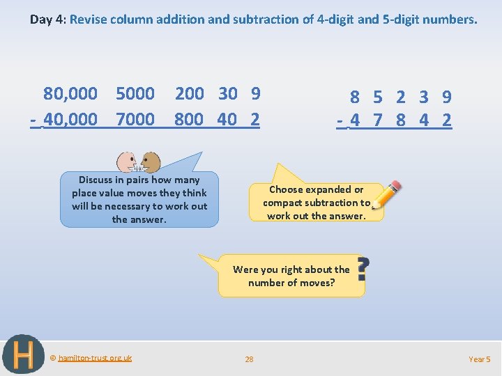 Day 4: Revise column addition and subtraction of 4 -digit and 5 -digit numbers.