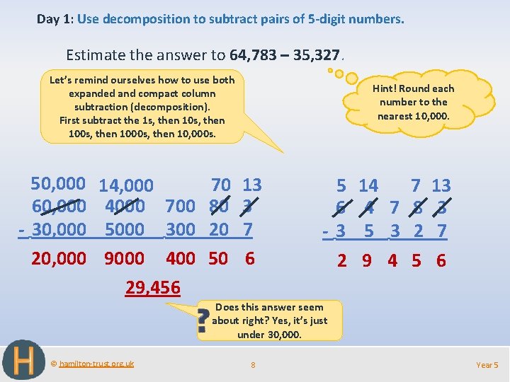 Day 1: Use decomposition to subtract pairs of 5 -digit numbers. Estimate the answer