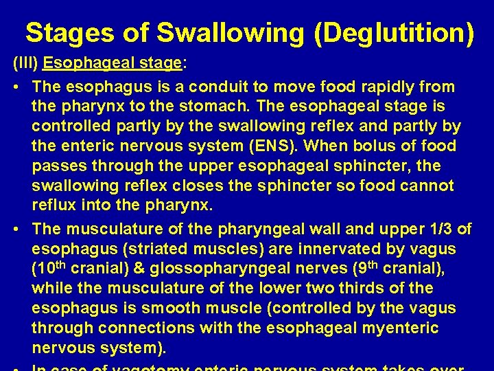 Stages of Swallowing (Deglutition) (III) Esophageal stage: • The esophagus is a conduit to