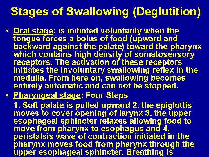 Stages of Swallowing (Deglutition) • Oral stage: is initiated voluntarily when the tongue forces