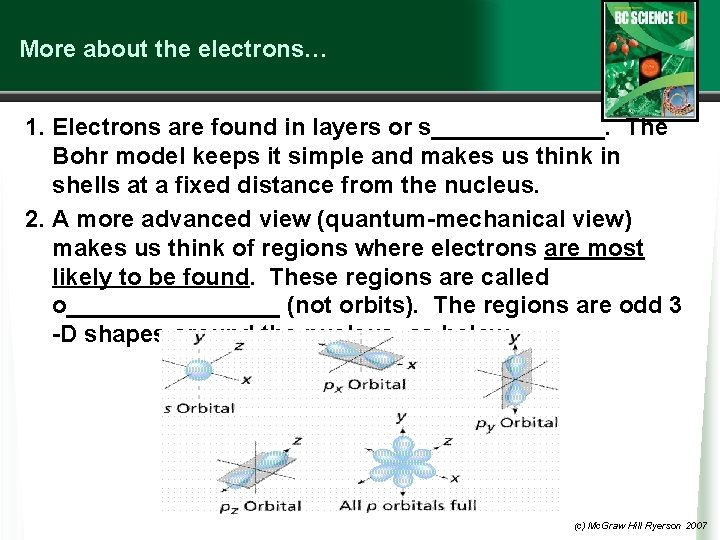 More about the electrons… 1. Electrons are found in layers or s_______. The Bohr