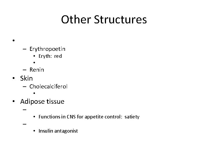 Other Structures • – Erythropoetin • Eryth: red • – Renin • Skin –