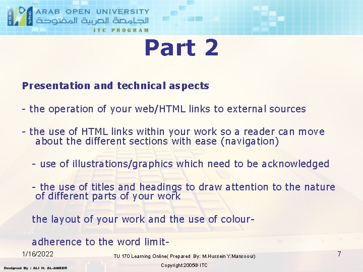 Part 2 Presentation and technical aspects - the operation of your web/HTML links to