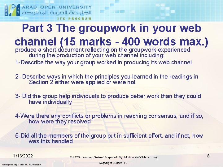 Part 3 The groupwork in your web channel (15 marks - 400 words max.