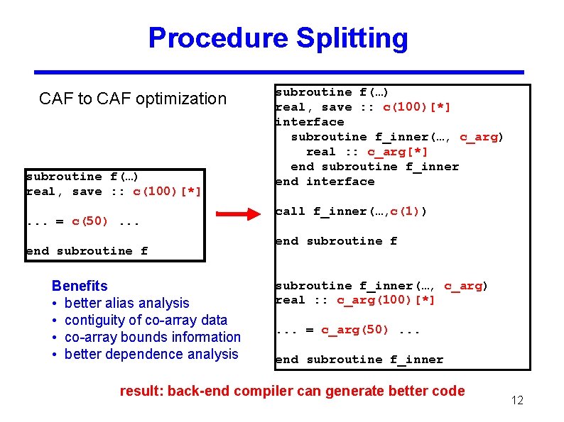 Procedure Splitting CAF to CAF optimization subroutine f(…) real, save : : c(100)[*]. .