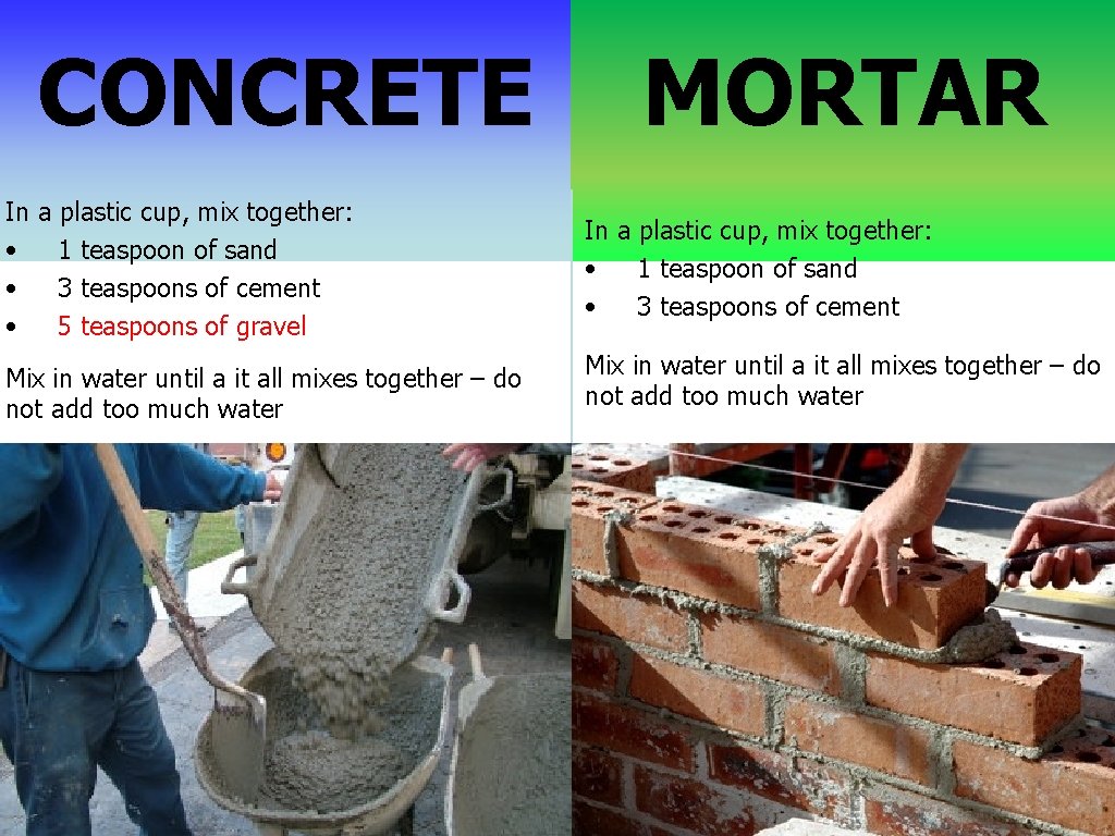 CONCRETE In a plastic cup, mix together: • 1 teaspoon of sand • 3