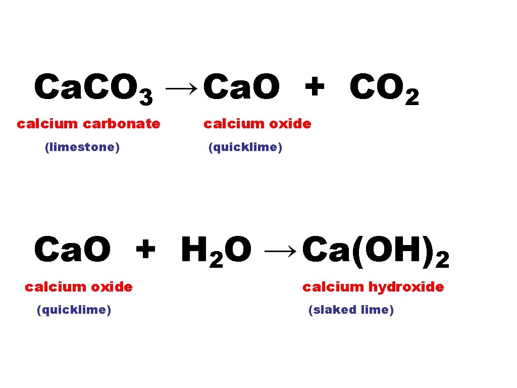 Ca. CO 3 → Ca. O + CO 2 calcium carbonate (limestone) calcium oxide