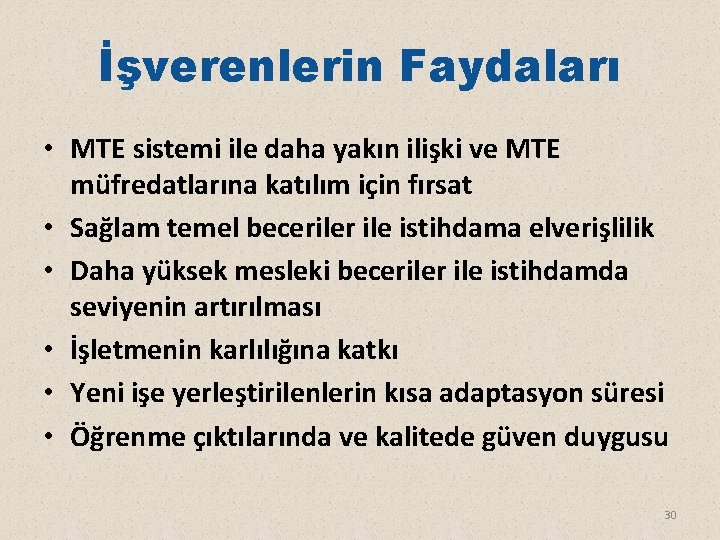 İşverenlerin Faydaları • MTE sistemi ile daha yakın ilişki ve MTE müfredatlarına katılım için