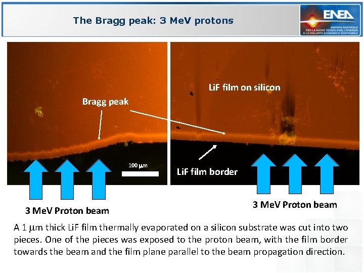 The Bragg peak: 3 Me. V protons Li. F film on silicon Bragg peak
