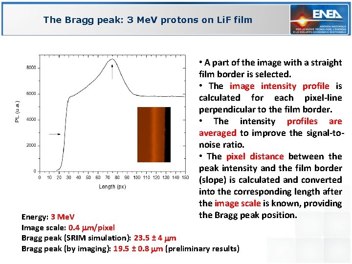The Bragg peak: 3 Me. V protons on Li. F film • A part