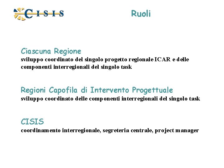 Ruoli Ciascuna Regione sviluppo coordinato del singolo progetto regionale ICAR e delle componenti interregionali