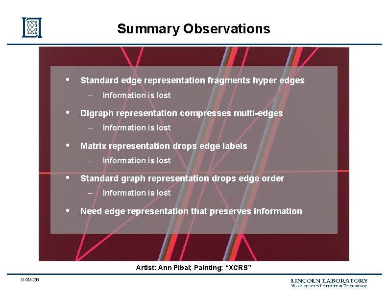 Summary Observations • Standard edge representation fragments hyper edges – • Digraph representation compresses