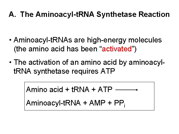 A. The Aminoacyl-t. RNA Synthetase Reaction • Aminoacyl-t. RNAs are high-energy molecules (the amino