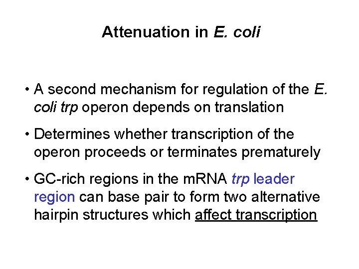 Attenuation in E. coli • A second mechanism for regulation of the E. coli