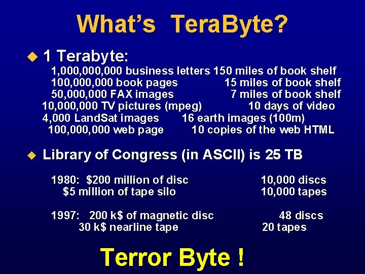 What’s Tera. Byte? u 1 Terabyte: 1, 000, 000 business letters 150 miles of