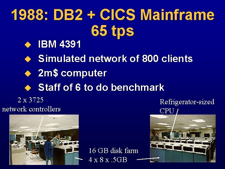 1988: DB 2 + CICS Mainframe 65 tps u u u IBM 4391 Simulated