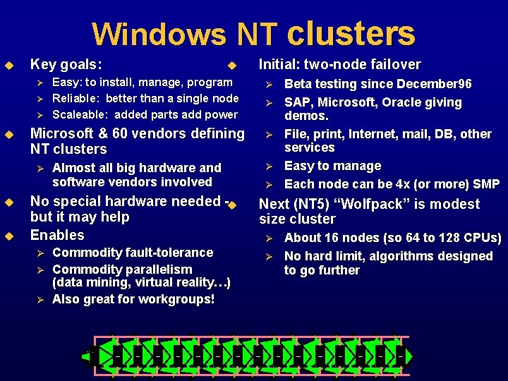Windows NT clusters u Key goals: Ø Ø Ø u u Easy: to install,