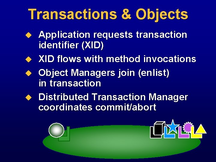 Transactions & Objects u u Application requests transaction identifier (XID) XID flows with method