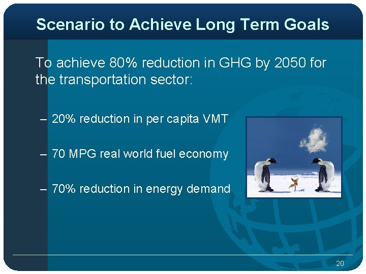 Scenario to Achieve Long Term Goals To achieve 80% reduction in GHG by 2050