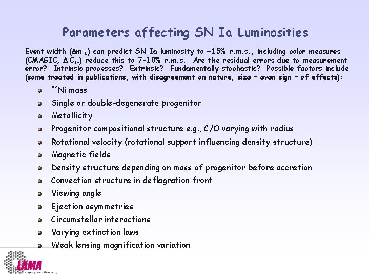 Parameters affecting SN Ia Luminosities Event width ( m 15) can predict SN Ia