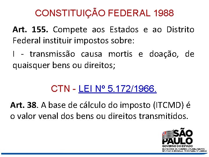 CONSTITUIÇÃO FEDERAL 1988 Art. 155. Compete aos Estados e ao Distrito Federal instituir impostos