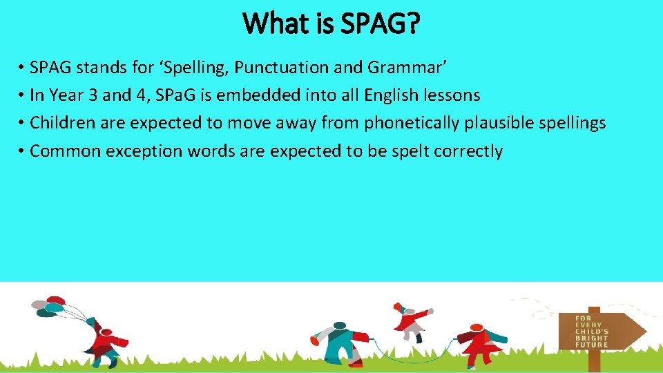 What is SPAG? • SPAG stands for ‘Spelling, Punctuation and Grammar’ • In Year