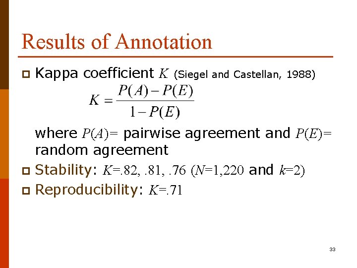 Results of Annotation p Kappa coefficient K (Siegel and Castellan, 1988) where P(A)= pairwise