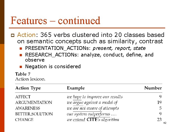 Features – continued p Action: 365 verbs clustered into 20 classes based on semantic