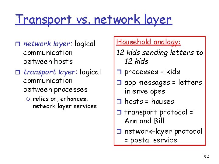 Transport vs. network layer r network layer: logical communication between hosts r transport layer: