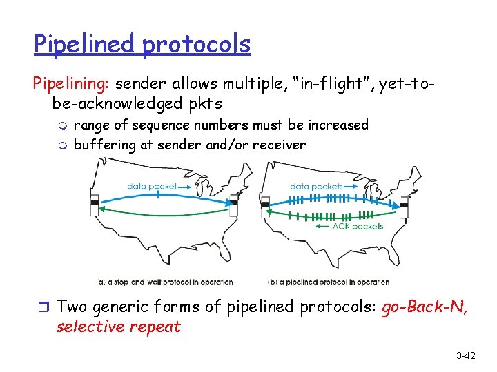 Pipelined protocols Pipelining: sender allows multiple, “in-flight”, yet-tobe-acknowledged pkts m m range of sequence