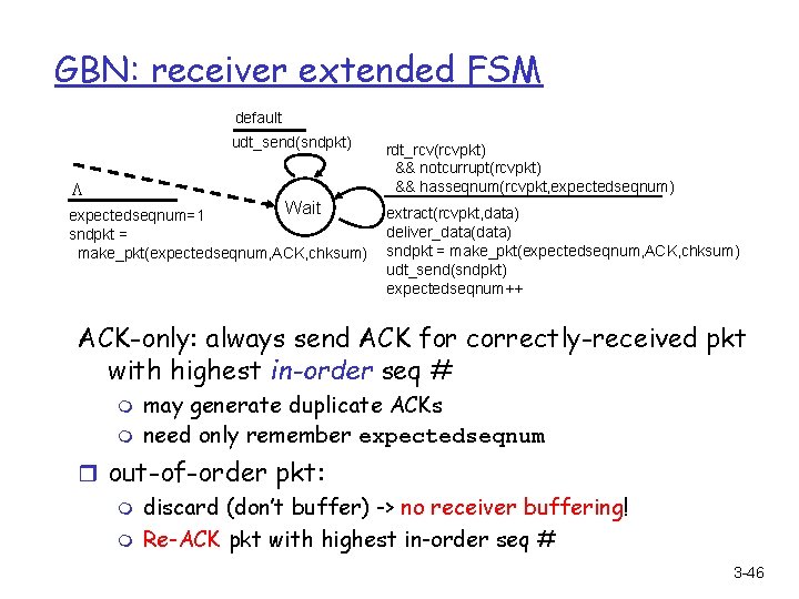 GBN: receiver extended FSM default udt_send(sndpkt) L Wait expectedseqnum=1 sndpkt = make_pkt(expectedseqnum, ACK, chksum)