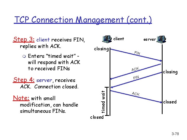 TCP Connection Management (cont. ) Step 3: client receives FIN, replies with ACK. m