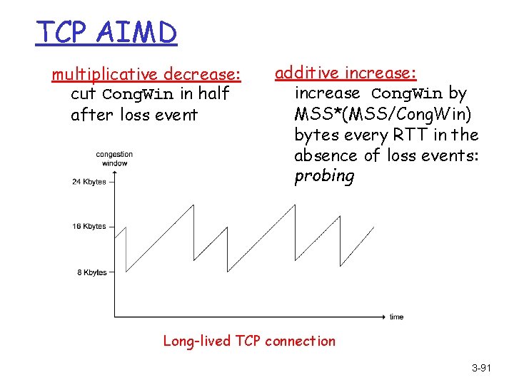 TCP AIMD multiplicative decrease: cut Cong. Win in half after loss event additive increase: