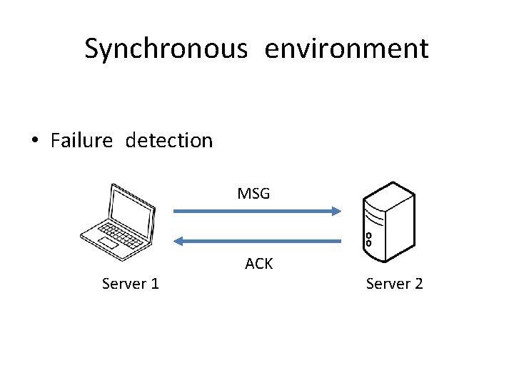 Synchronous environment • Failure detection MSG Server 1 ACK Server 2 