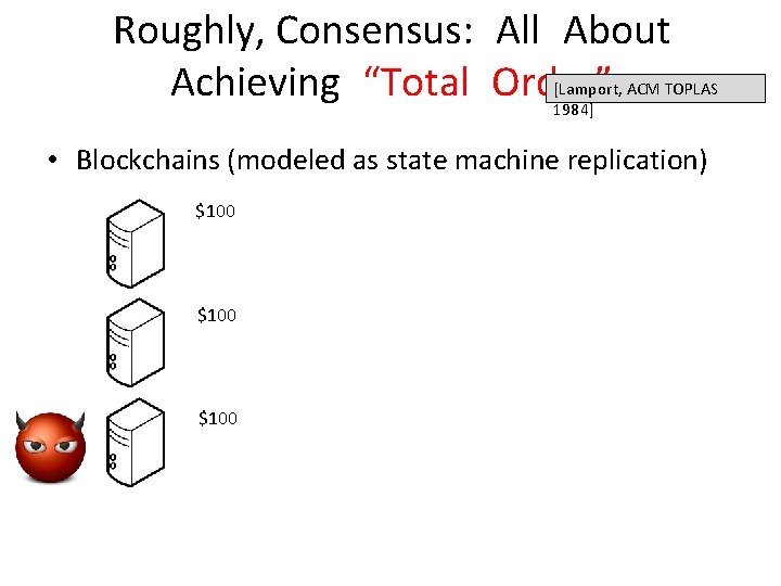 Roughly, Consensus: All About Achieving “Total Order” [Lamport, ACM TOPLAS 1984] • Blockchains (modeled