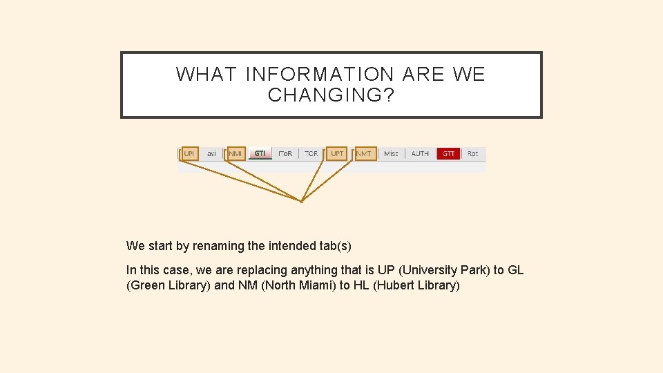 WHAT INFORMATION ARE WE CHANGING? We start by renaming the intended tab(s) In this
