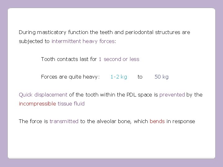 During masticatory function the teeth and periodontal structures are subjected to intermittent heavy forces: