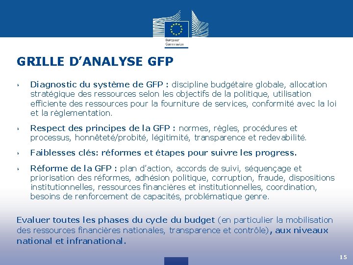 GRILLE D’ANALYSE GFP ‣ Diagnostic du système de GFP : discipline budgétaire globale, allocation