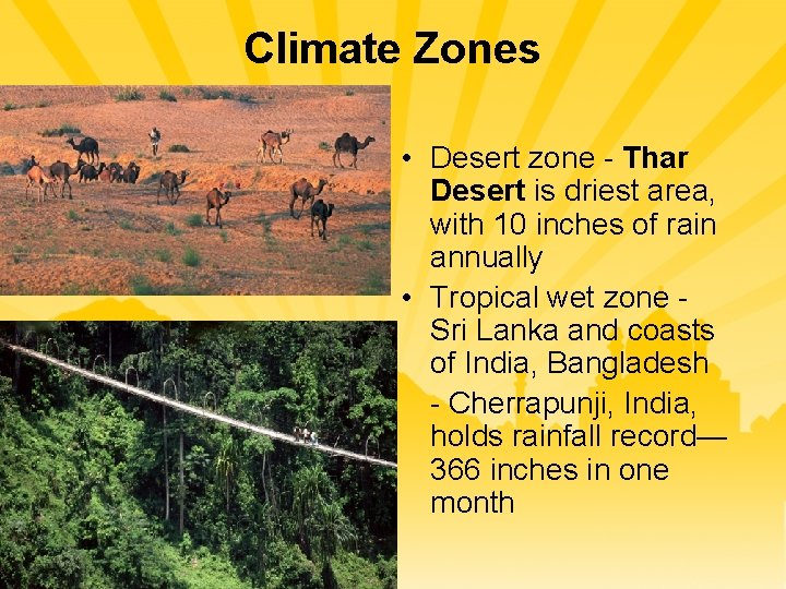 Climate Zones • Desert zone - Thar Desert is driest area, with 10 inches