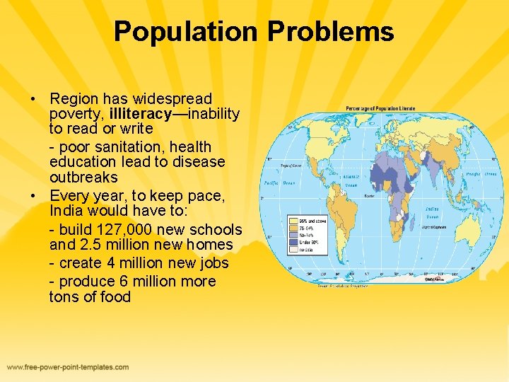 Population Problems • Region has widespread poverty, illiteracy—inability to read or write - poor