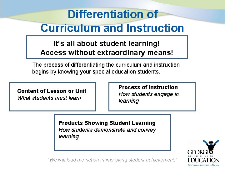Differentiation of Curriculum and Instruction It’s all about student learning! Access without extraordinary means!